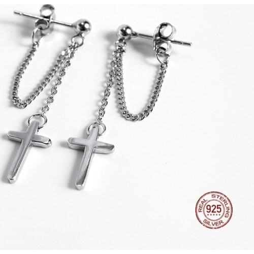 LKO Punk Gothic 925 Sterling Silver Classic Cross Exaggerated Christian Tassels Stud Earrings for Women Jewelry Accessories
