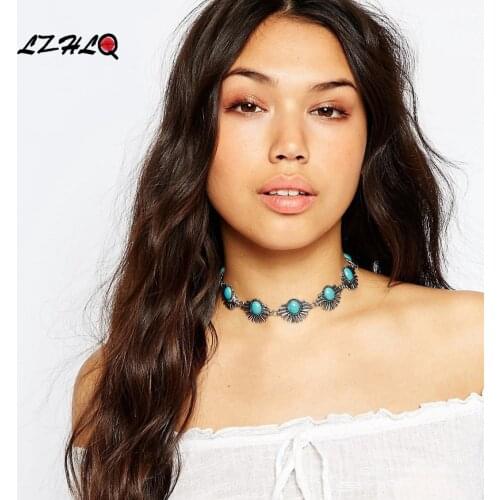 LZHLQ Vintage Geometric Turquois Collar Choker Statement Necklace Women 3 Colors Zinc Alloy necklaces pendants Trendy collares