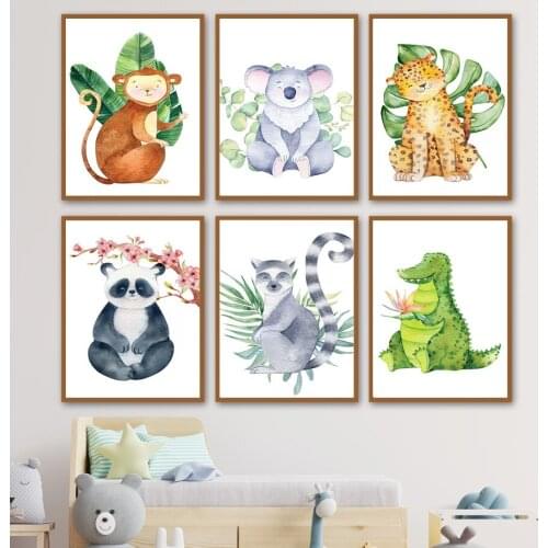 Cartoon Panda Monkey Leopard Koala Jungle Nursery Wall Art Print Canvas Painting Nordic Posters Decor Pictures Baby Kids Room