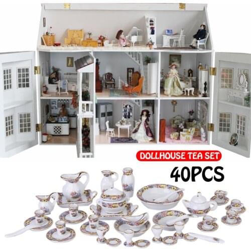 40pcs/set 1:12 Mini Doll House Cutlery Porcelain Tea Set Dishes Play House Toys Home Table Decoration Nice Gift