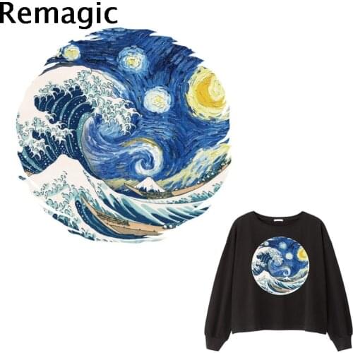 Starry sky Hokusai Waves handmake Iron on Heat Transfer Printing Patches Stickers Clothes DIY Appliques patchwork gifts