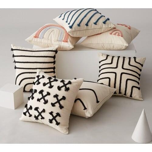 Natural Beige Embroidery Cushion Cover Handmade Twist Braid Stripe Pillow Cover Cross 45x45cm Sofa PillowCase Pillow Sham