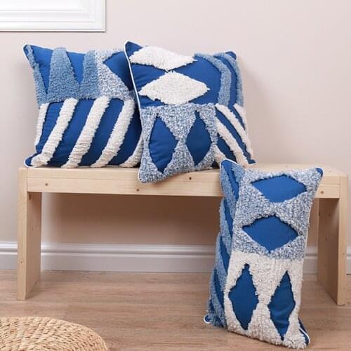 Boho 45x45cm/30x50cm Cushion Cover Blue White Home Decoration Pillow Cover Geometric Tufted For Sofa Bed Chair Living Room