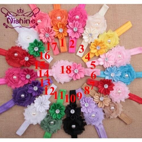 Nishine 18pcs/lot New Shabby Flower Newborn Headband Girls Pearl Rhinestone Flowers Headwear Kids Birthday Gifts