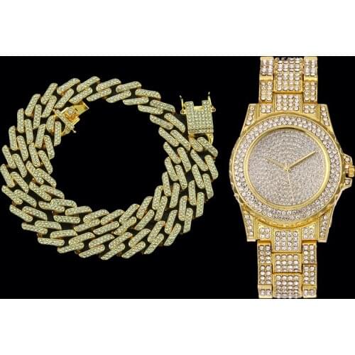 Necklace +Watch Hip Hop Miami Cuban Chain Set Iced Out Paved Rhinestones CZ Bling Rapper For Men Jewelry Gift Accessories New