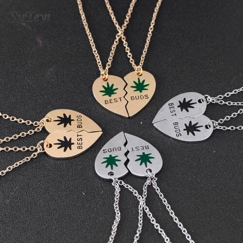 SUTEYI Best Buds Necklace Enamel Weed Leaves Broken Heart Pendant Necklaces Best Friends BFF Jewelry Gifts