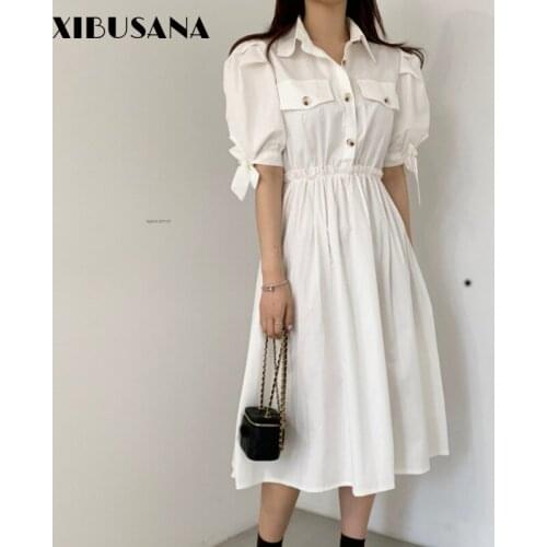 Korea Chic Puff Sleeve Lace Up Shirt Dresses Women Summer Short Sleeve Solid Single-breasted Dress Female Elastic Waist Vestidos