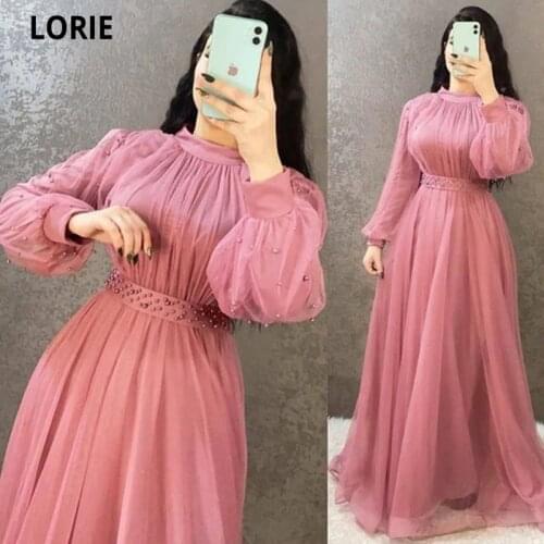 LORIE Modest Teal Green A Line Tulle Prom Dresses Puff Long Sleeves High Neck Draped Beads Sash Arabic Mother Evening Gowns