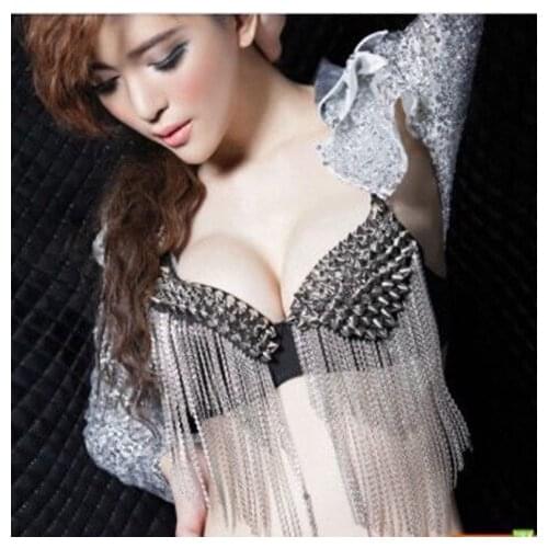 Sexy Bras Women Party 2021 New All-over Spike Rivet Metallic Punk Dance Push Up Bra Nightclub Costumes Bras Tassels Silvery