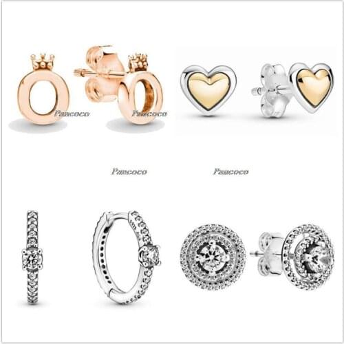 Authentic 925 Sterling Silver Earring Two Tone Domed Golden Heart Stud Earrings For Women Wedding Gift Pandora Jewelry