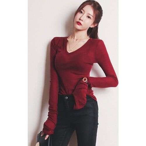 2020 Fall Fashion Womens Tshirt Long Sleeve V-Neck Tops Thin Ladies Tight Bottom See Through Sexy Elasticity T shirt Clothing