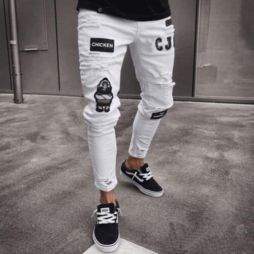 High Quality Fashion Men Jean Pants Stretchy Ripped Skinny Biker Embroidery Print Jeans Destroyed Hole Taped Slim Fit Denim Cas