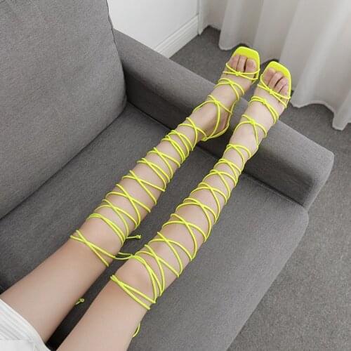 2021 New women gladiator knee high sandals open toe lace up cross strappy sandals women high heels fashion sexy shoes