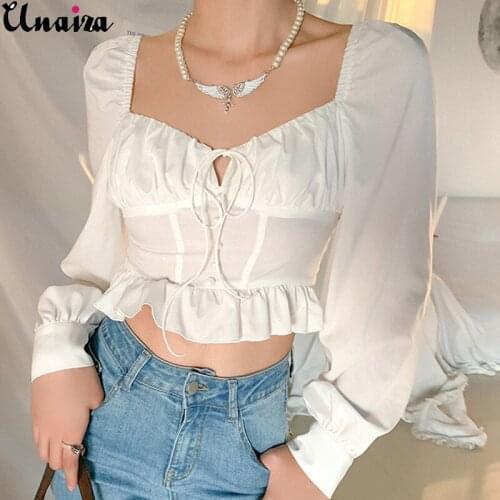Unaiza Women Temperament Slim Top Thin And Versatile High Waist Long Sleeve Shirt Puff Sleeve Pullover Square Collar Solid Shirt