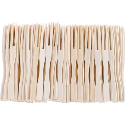 100PCS Disposable Forks Bamboo Fruit Forks Cocktail Fruit Picks Skewers Sticks Tableware Party Dessert Utensil 9cm Length