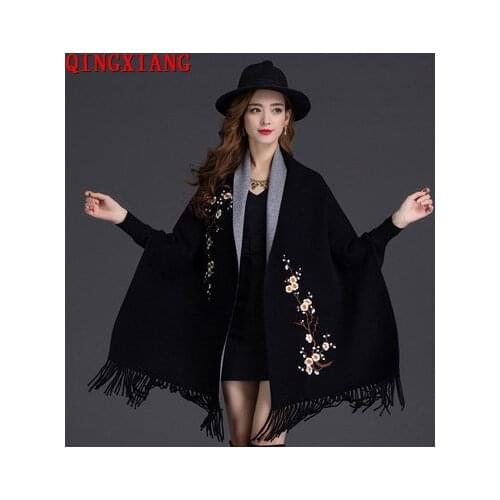 2020 Embroidered Plum Blossom Pattern Cloak Thick Lady Knitted Poncho With Tassel Warm Winter Women Air Conditioner Pashmina