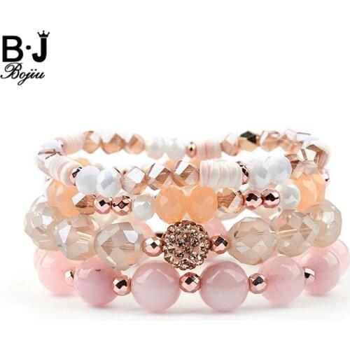 BOJIU 4 Pcs/Set Trendy Multilayer Crystal Charm Bracelets Women Pink Quartz White Brown Crystal Hematite Shell Bracelet BCSET219