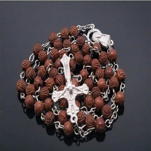 48 Pieces / Catholic Rose Resin Rosary Necklace, Jesus Compassion Holy Icon Religious Bead Necklace 6mm