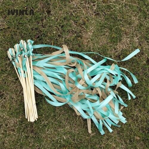 50pcs/lot blue Jute wedding ribbon wands with sliver bell for wedding decoration