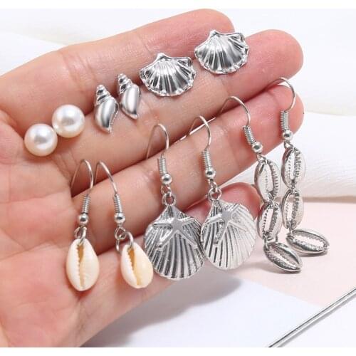 6pairs Vintage Shell Pearl Stud Earrings Set For Women BOHO Long Geometric Shell Earring 2019 DIY Bohemian Pearl Earring Jewelry