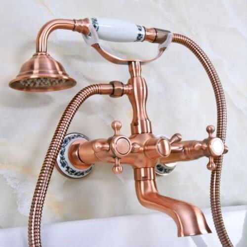 Antique Red Copper Brass Dual Cross Handles Wall Mounted ClawFoot Bath Tub Faucet Mixer Tap With Hand Shower Spray mna337