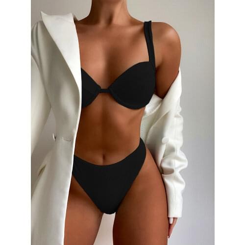 High Waist Bikini 2021 Women Solid Pink Push Up Padded Bra Underwire Swimsuit Female Bathers Bathing Suit Swimwear Biquini