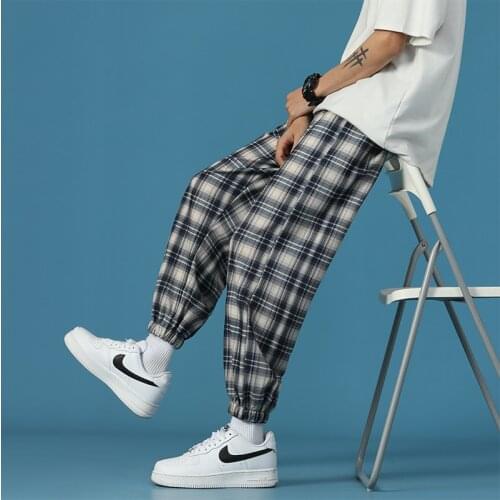 Summer Plaid Pants Mens Fashion Retro Casual Pants Men Streetwear Korean Loose Straight Leg Pants Mens Harem Pants M-2XL