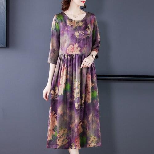 Chikichi 2021 Spring and Summer New Rayon Dress Women Printing Chinese Style Round Neck Big Pocket Loose Long Dress Plus Size