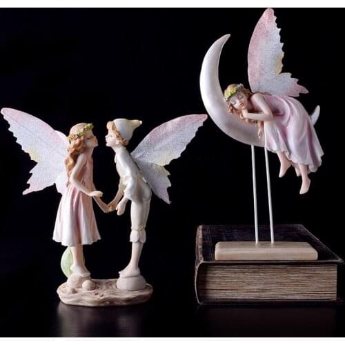 WU CHEN LONG Resin Art Angel Figurine Moon Flower Girl Princess Craft Miniature Vintage Decor Home Decoration Accessories R4543