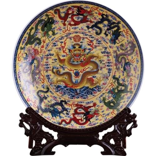 Jingdezhen Porcelain Ceramic Feng Shui Nine Dragons Wall-Plate Large Decoration Plate New Chinese Style Home Decoration