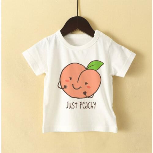 New Summer Boys Tshirt Cute Cartoon Peach Pattern Printed Girls T Shirts Leisure T Shirt Kids Fashion Short Sleeve White Clothes