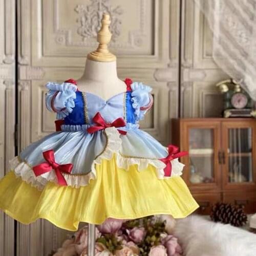 2PCS Summer Lolita Spanish Vintage Princess Short Sleeve Bow Ball Gown Dress For Baby Girls Snow White Birthday Party Easter