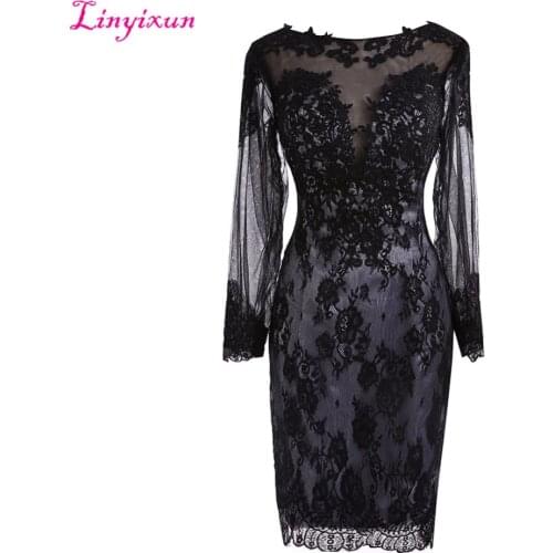 Linyixun Real Photo Black Lace Short Cocktail Dresses See Through Back Full Sleeve Formal Womens Party Gowns Vestido de Festa
