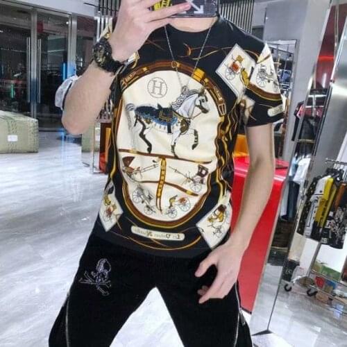 2021 summer new mens tide brand t-shirt slim print drill mercerized cotton short sleeve t-shirt