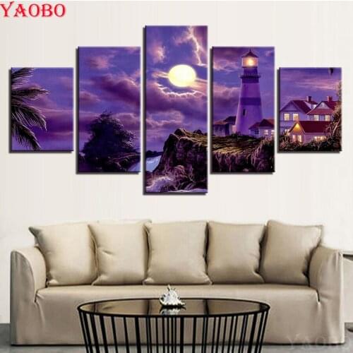 5 Pcs DIY 3D Diamond Embroidery House/lighthouse/moon landscape Diamond Painting full square round drill Cross Stitch Mosaic