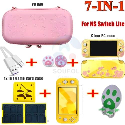 7 in 1 Game Accessory Set for Nintendo Switch Lite Travel Carrying Bag Protector Case Thumb Stick Grip Caps Charging Cable