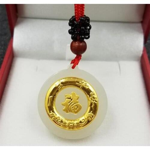 New Arrival Pure 24K Yellow Gold Pendant Nephrite Hetian Jade Luck Fu Circle Pendant 28x25mm
