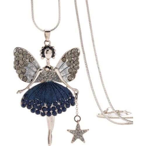 New Classtic Cartoon Rhinestone Angel Wings Beauty Princess Pendant Necklace For Women Dance Gilr Shape Sweater Chain Jewelry