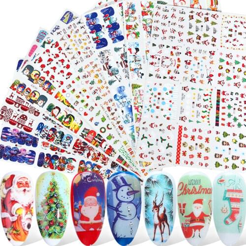 12pcs Christmas Nail Sticker Santa Claus Elk Snowman Gift Water Transfer Slider Full Wrap Xmas Cartoon Winter Decal SABN/A-1