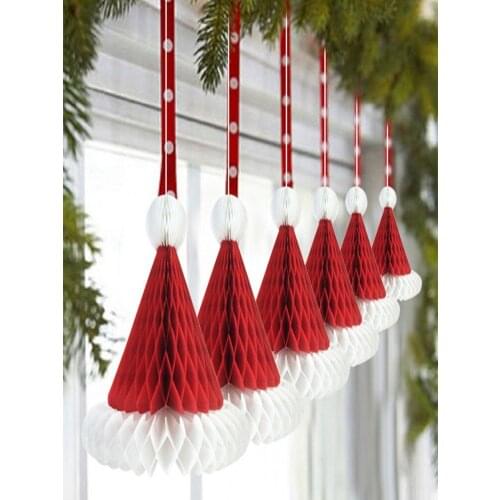 Christmas Decorations Pack Of 3pcs Honeycomb Santa Claus Hats Hanging Christmas Ornament For Xmas Party Festival Decoration