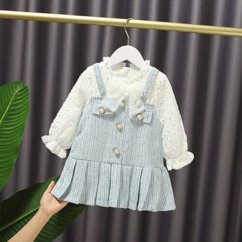 Spring Autumn Baby Bow Sequined Pleated Fake Two-Piece Sweet Long Sleeve Princess Dress Kids Toddler Girl Clothes Girls Clothing