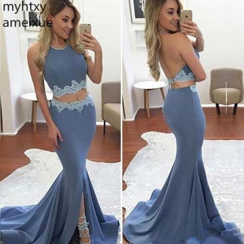 Mermaid Two Pieces Blue Evening Dresses 2020 New Arrival Applique Lace Satin Sexy Slit Front Backless Evening Robe De Soiree