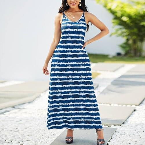 MISSJOY Woman Sleeveless V-neck Sling Stripe Printing Summer Dress Retro Backless Beach Bohemian High Waist Maxi Dress