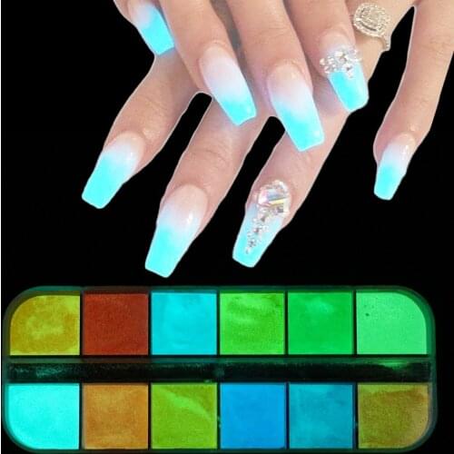 1Box 12grids Fluorescence Effect Nail Glitter Colorful Ultrafine Glow PowderLuminousEye-catching Decoration DIY Nail Art Tool