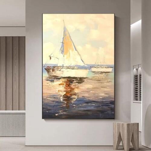 100% Handpainted Oil Painting On Canvas Color Sea Boat Oil Painting Abstract Modern Canvas Wall Art Living Room Decor Picture