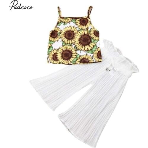 2019 Baby Summer Clothing 2-7Y Princess Toddler Baby Girl Clothes Sets Sunflower Crops Tops+Ruffle Flare Wide Long Pants Outfits