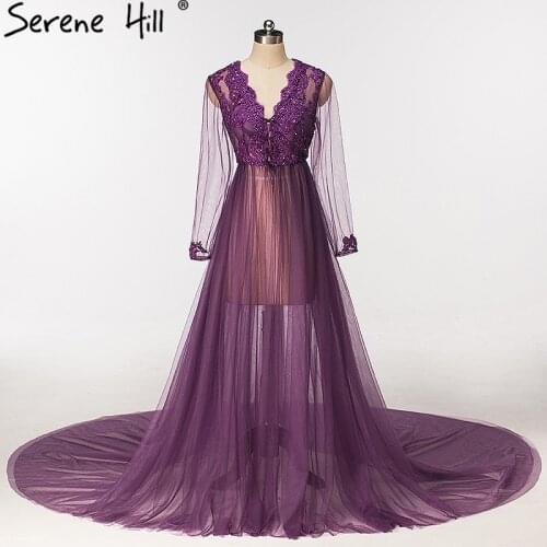 2021 Purple Long Sleeve Beach Tulle Wedding Dresses Transparent Pregnant Photography Bridal Dress Real Photo HA2146