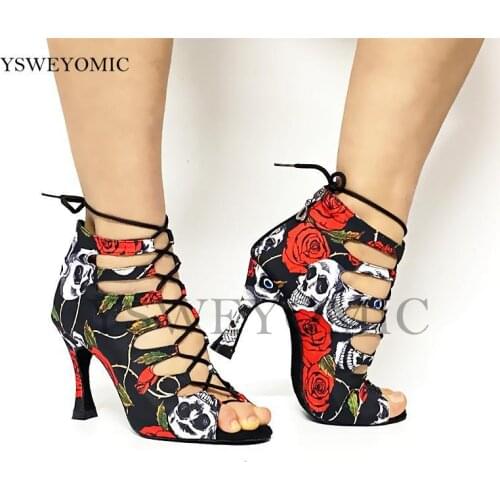 2021 Spring Summer Style Salsa Bachata Dance Shoes Girls Halloween Skull Latin Dance Boot 9cm Heel Women Latin Dance Shoes