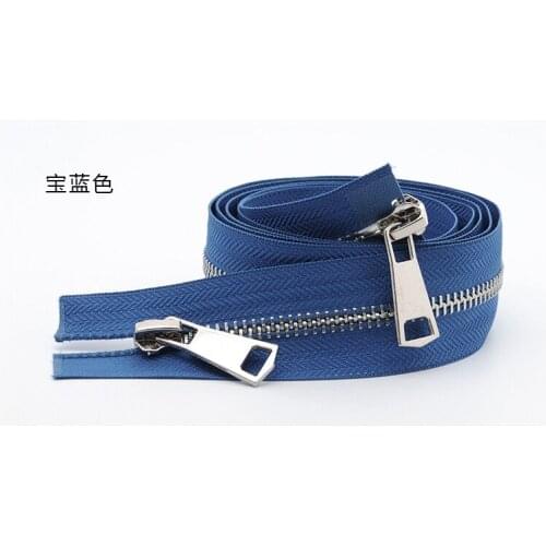 Free shipping 2pcs/lot 5# Sapphire blue Double slider silver metal zipper high-grade leather zipper down jacket zipper 120cm