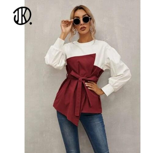 Spring Lantern Sleeve Stitching Shirt With Belt Elegant Office Round Neck Chiffon Blouse Loose New Arrivals Shirts For Female XL